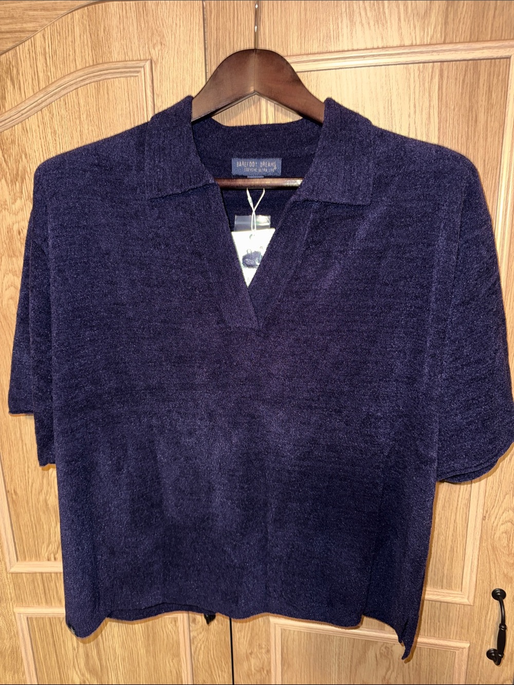 NWT Barefoot Dreams Navy Short-Sleeve Terry Polo large